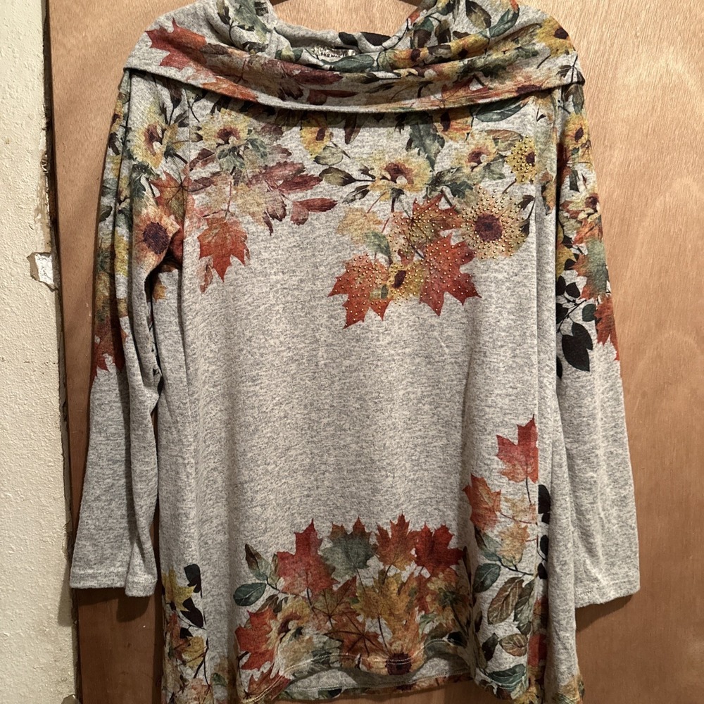 one world knit light weight sweater top cowl neck fall foliage L